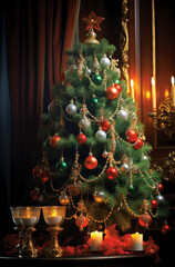 Decorated Christmas tree with candles in the interior of the room