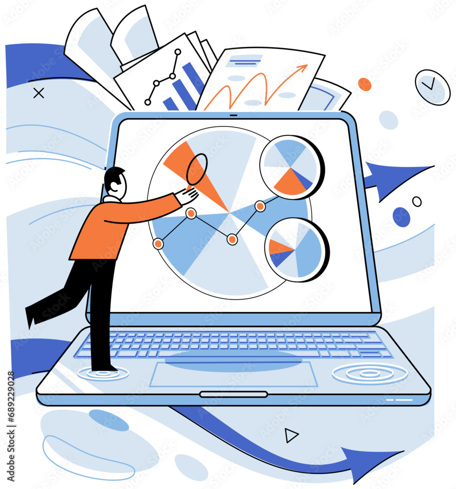 Poster business data analysis vector illustration. technology weaves tapestry digital data exploration inve