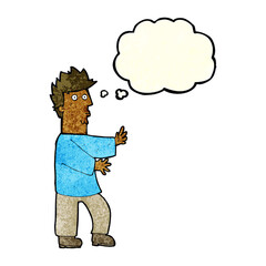 cartoon nervous man waving with thought bubble