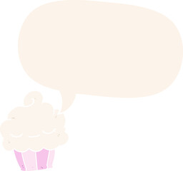 funny cartoon cupcake with speech bubble in retro style