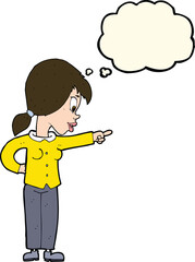 cartoon enthusiastic woman pointing with thought bubble