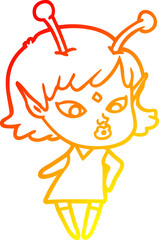 warm gradient line drawing of a pretty cartoon alien girl