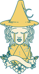 Retro Tattoo Style crying elf mage character face with natural one D20 roll