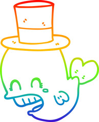 rainbow gradient line drawing of a cartoon whale wearing hat
