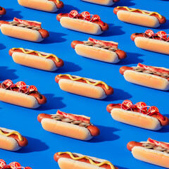 Assorted Gourmet Hot Dogs with Toppings Lined Up on a Vivid Blue Backdrop