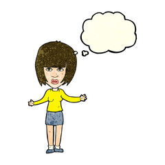 cartoon woman shrugging shoulders with thought bubble