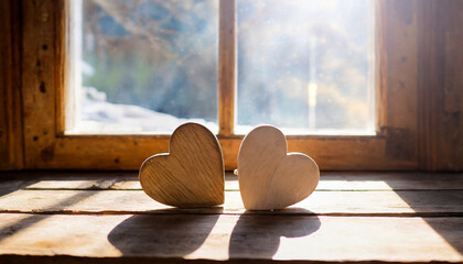 valentines day concept with two wooden hearts on a rustic table, bathed in warm sunlight, evoking love, nostalgia, and timeless affection