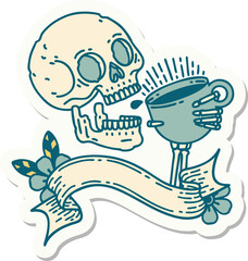 tattoo style sticker with banner of a skull drinking coffee