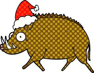 hand drawn comic book style illustration of a wild boar wearing santa hat