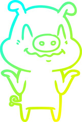 cold gradient line drawing of a nervous cartoon pig