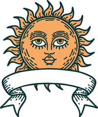 traditional tattoo with banner of a sun with face