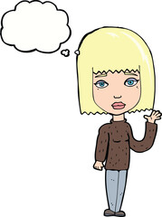 cartoon woman waving with thought bubble