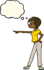 cartoon woman pointing with thought bubble
