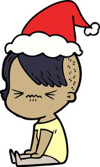 hand drawn line drawing of a annoyed hipster girl wearing santa hat