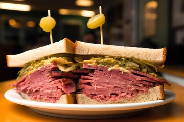 New York Pastrami Reuben sandwich with swiss cheese and pickles, New york deli sandwich
