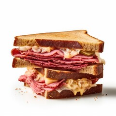 New York Pastrami Reuben sandwich with swiss cheese on white isolated backgroun, New york deli sandwich