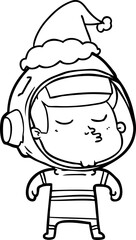 hand drawn line drawing of a confident astronaut wearing santa hat