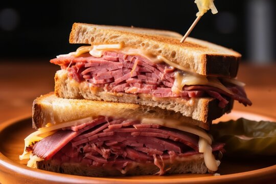 Closeup macro shot of New york style pastrami beef rye reuben sandwich with corn beef pastrami and swiss cheese