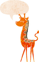 cartoon giraffe with speech bubble in grunge distressed retro textured style
