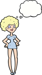 cartoon happy woman with hands on hips with thought bubble