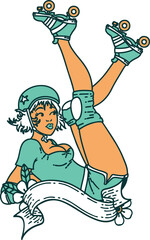 tattoo in traditional style of a pinup roller derby girl with banner