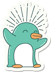 sticker of a tattoo style happy penguin