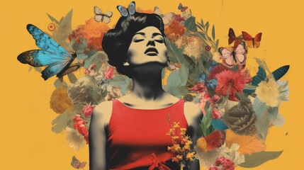 Contemporary Art Portrait collage with Butterflies and Florals. Artistic collage blending monochromatic portrait of woman with vibrant butterflies and floral elements against cyan backdrop.
