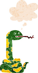 cartoon hissing snake with thought bubble in grunge distressed retro textured style