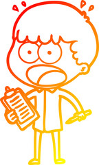warm gradient line drawing of a cartoon shocked man with clipboard and pen