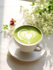 Matcha latte on ceramic mug with heart art on top on white table