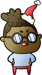 hand drawn gradient cartoon of a annoyed woman wearing santa hat