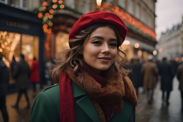 A portrait of a woman in the street celebrating Christmas and X-mas season at cold winter night 