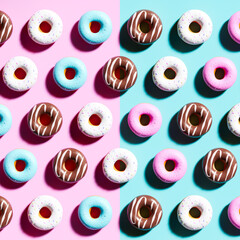 Exquisite Selection of Frosted Donuts on Half Pink, Half Blue Background