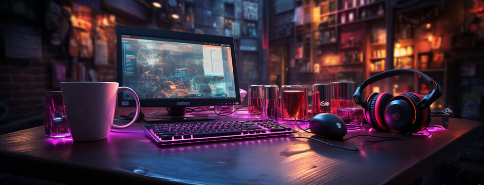 wide banner background image with gamer console workplace table with Pc computer screen and accessories in neon light effects, 
