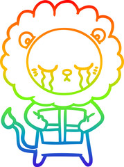 rainbow gradient line drawing of a crying cartoon lion