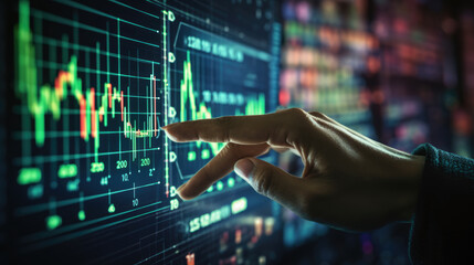 Close-up of a hand pointing to a digital financial chart on an interactive touchscreen