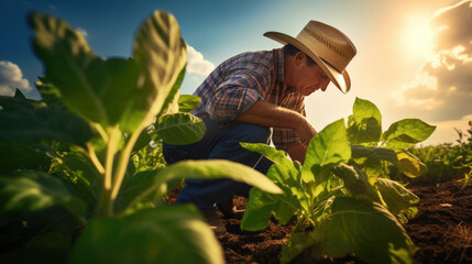 Farmer crouching down in a field, tending to plants with sunlight streaming through the foliage.