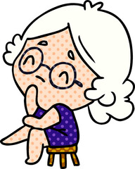 cartoon illustration of a cute kawaii lady thinking