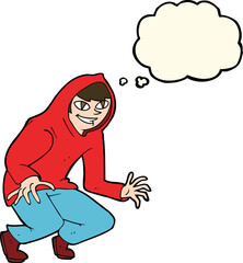 cartoon mischievous boy in hooded top with thought bubble