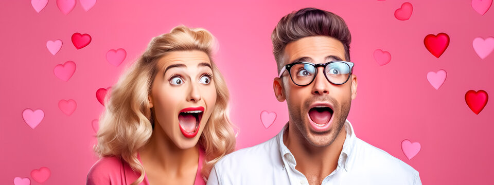 Funny surprised couple in love on valentine's day, pink background with hearts, banner