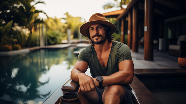 An attractive man sitting in a pool, wearing a hat