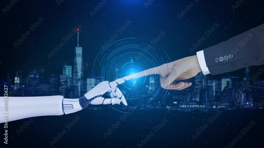 Poster futuristic human robot hand artificial intelligence ai technology development and machine learning c