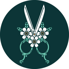iconic tattoo style image of barber scissors and flowers
