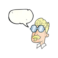 freehand speech bubble textured cartoon man with mustache and spectacles