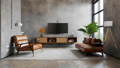 Living room interior have cabinet for tv and leather armchair in cement room with concrete wall