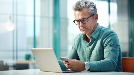 A male businessman works on a laptop in a modern office