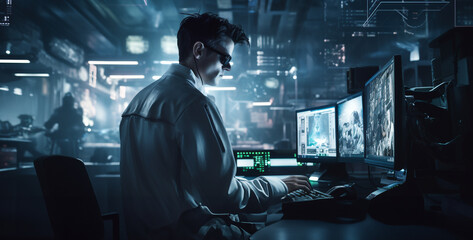 manager working in a computer at a office with cyberpunk, montage of people working in a laboratory