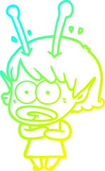 cold gradient line drawing of a cartoon shocked alien girl