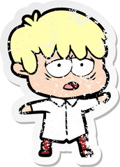 Obraz premium distressed sticker of a cartoon exhausted boy