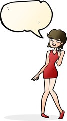 cartoon woman in cocktail dress with speech bubble